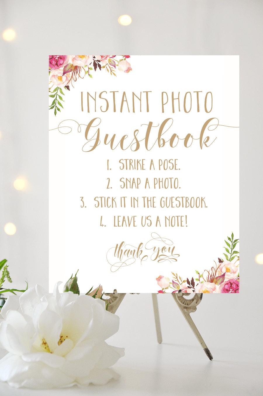زفاف - Instant Photo Guestbook Sign - 8 x 10 - Printable sign in "Shine" antique gold  - Romantic Blooms - PDF and JPG files - Instant Download