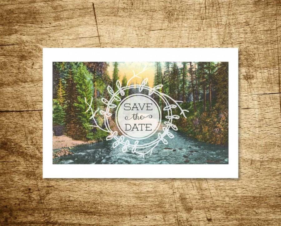 زفاف - Printable Save the Date Postcard - Meandering Creek - Vintage Forest - Mountain Wedding - Woodland - Customizable - Personalize