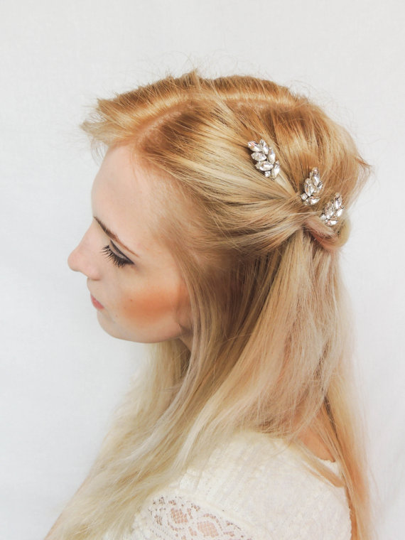 زفاف - Leaf Hair Pins/ Swarovski Crystal Hair Pins/ Hair Pins/ Bridal Hair Accessories/ Wedding Hair Accessories/ Bridal hair pin