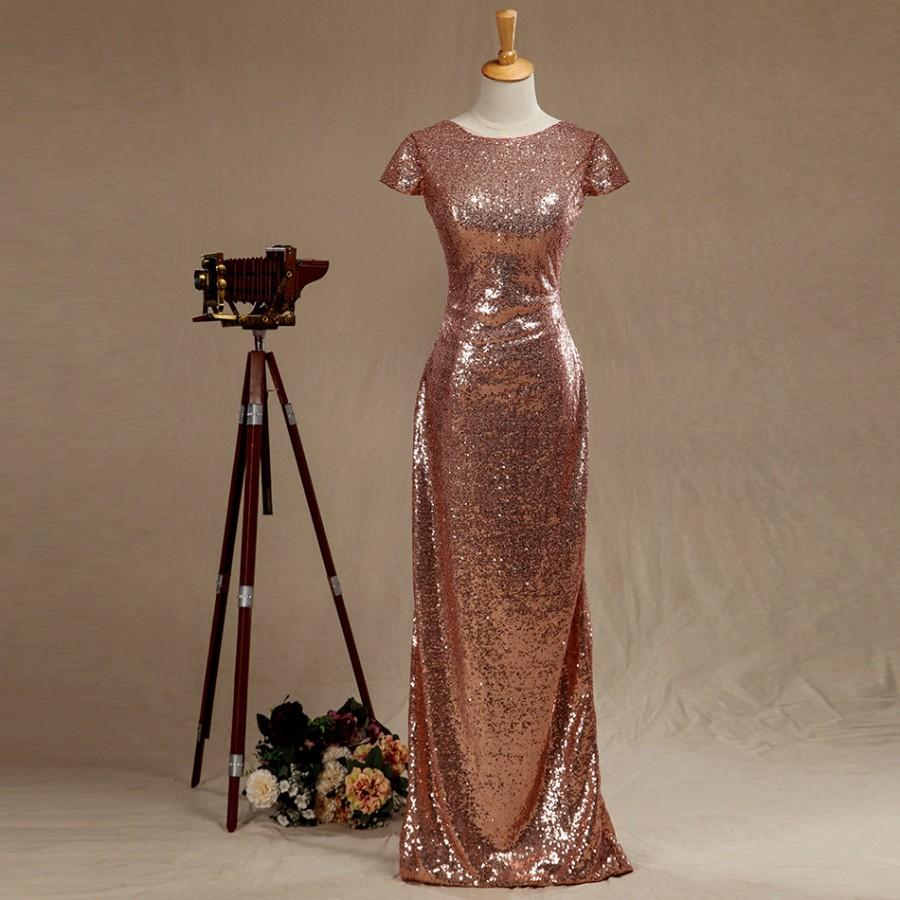 Mariage - 2016 Rose Gold Sequin Bridesmaid dress, Cap Sleeves Luxury Sequin Evening dress, Scoop neck Metallic Sparkle Wedding dress, Cowl Back Full