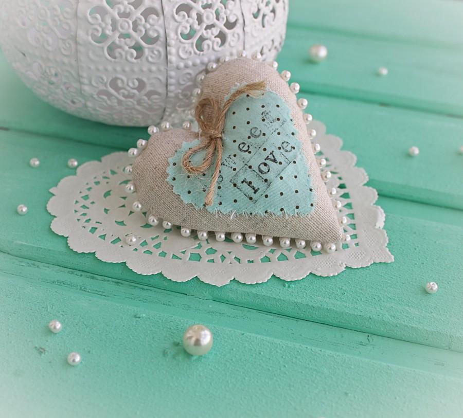 Wedding - Linen heart ornament - romantic mint hearts - ready to ship.