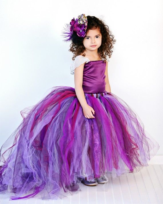 زفاف - Purple Flower Girl Dress W Detachable Train--Tulle Skirt--Satin Top Two Piece