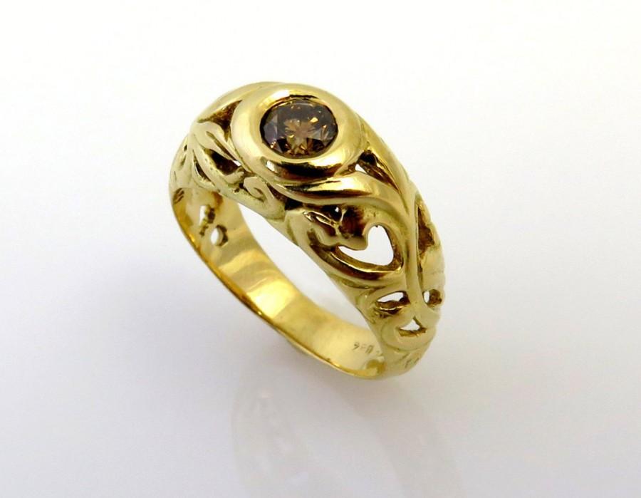 زفاف - Champagne Diamond Ring, 18K Gold Ring, Filigree engagement Ring, Lace gold ring, Ancient Ring, Delicate diamond Ring, Round diamond ring