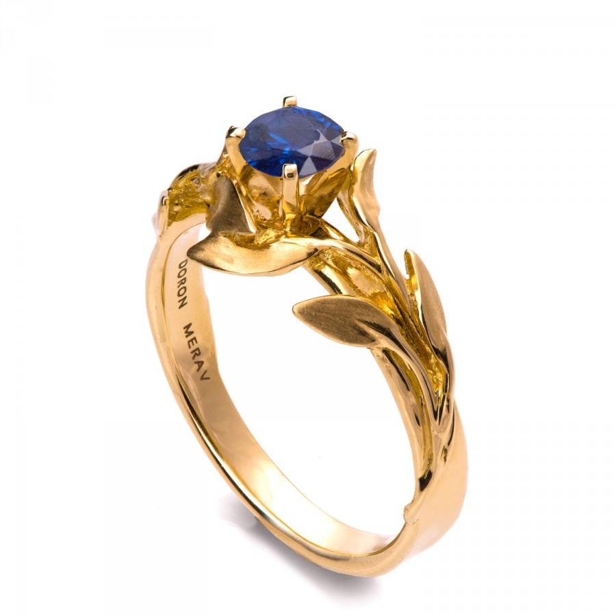 زفاف - Leaves Engagement Ring - 18K Yellow Gold and Sapphire engagement ring, unique engagement ring, antique,September Birthstone,Recycled gold, 4