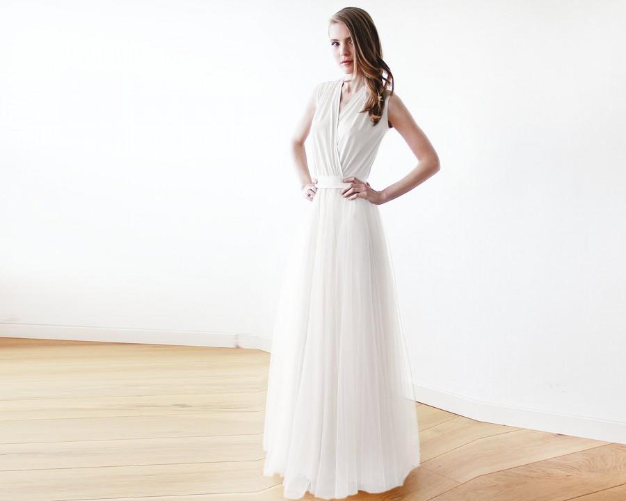 Wedding - Ivory minimalist tulle wedding gown , Ivory bridal maxi tulle dress