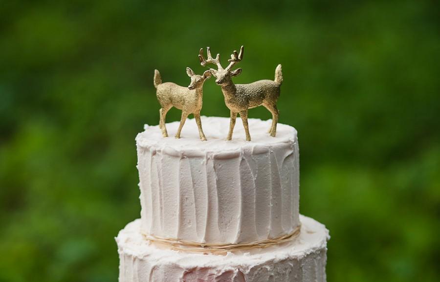 Wedding - Gold Deer Cake Topper , Golden Wedding Bride & Groom, Woodland Rustic Animal Stag, Unique, Fun