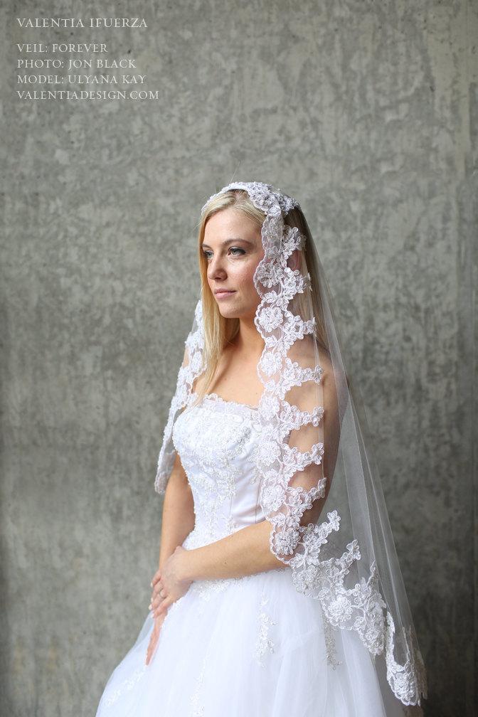 Hochzeit - Lace Trimmed Veil / Headpiece, Mantilla - "FOREVER"