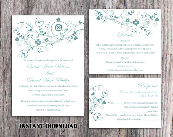 Mariage - DIY Wedding Invitation Template Set Editable Word File Instant Download Floral Wedding Invitation Bird Invitation Printable Blue Invitations