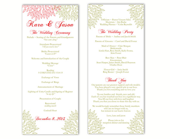 Hochzeit - Wedding Program Template DIY Editable Text Word File Download Program Olive Pink Program Floral Program Printable Wedding Program 4x9.25inch