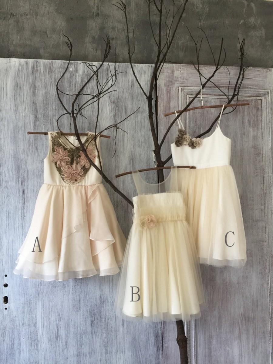 Wedding - 2016 Mix and Match Beige Junior Bridesmaid dress, Mismatch A line Baby Flower Girl dress, Mesh Chiffon Rosette dress(JK002/ZK030/HK113)-RENZ