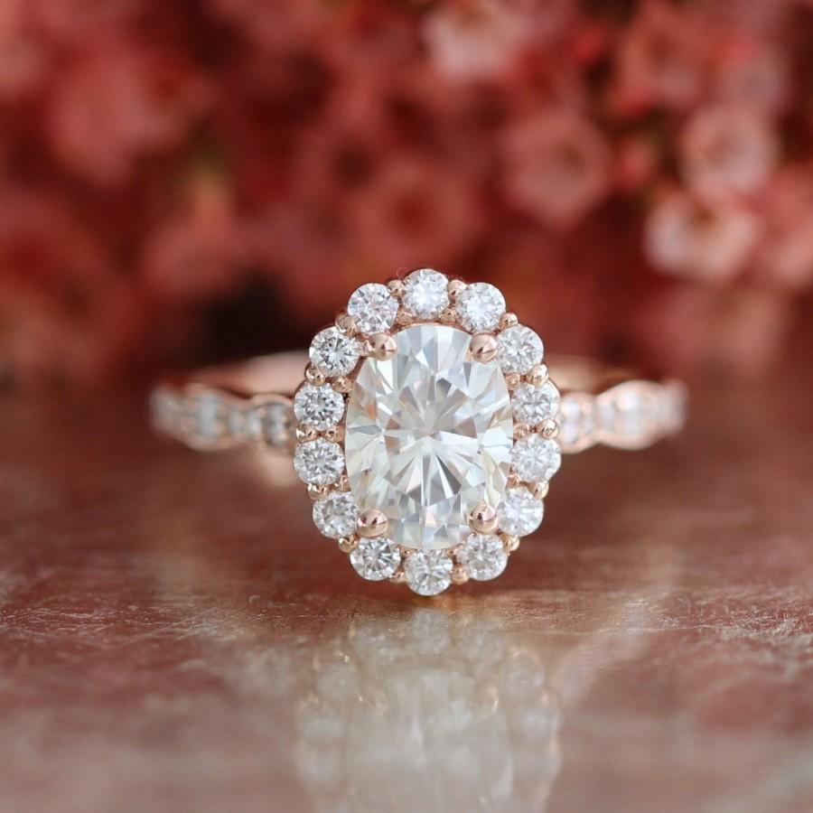 Wedding - Halo Diamond Moissanite Engagement Ring in 14k Rose Gold Scalloped Diamond Wedding Band 8x6mm Forever Brilliant Moissanite Ring