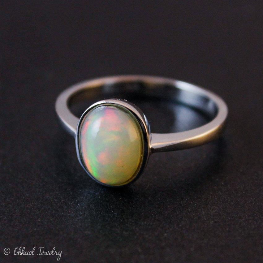 زفاف - Silver Opal Ring - October Birthstone Ring - Oval Opal Ring