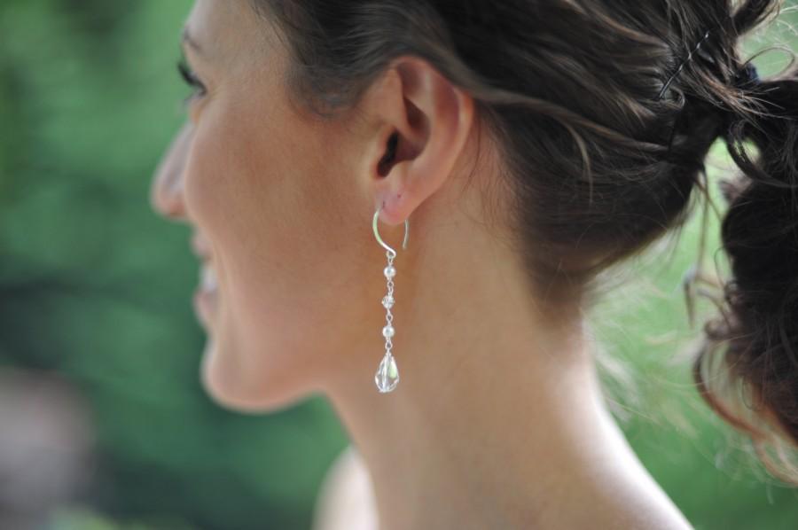 Hochzeit - Swarovski Crystal Drop, Pearl Wedding Earrings, Sterling Silver Pearl and Crystal Earrings - Earring Set - Custom Jewelry - Bridal Crystal