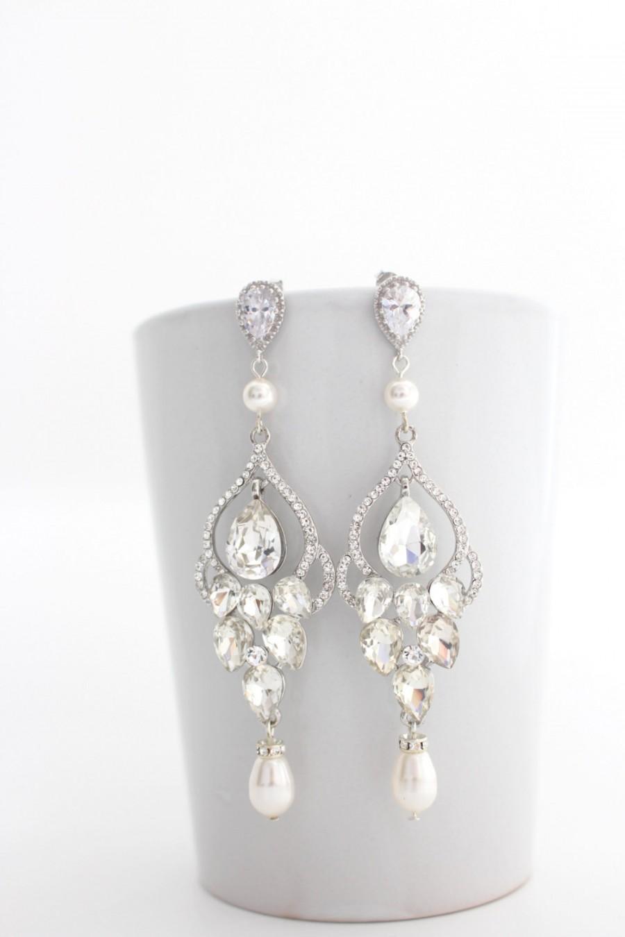 Hochzeit - Long Bridal Chandelier Earrings Chandelier Wedding Earrings Crystal and Pearl Earrings Vintage Style Jewelry Crystal Statement Post Earrings