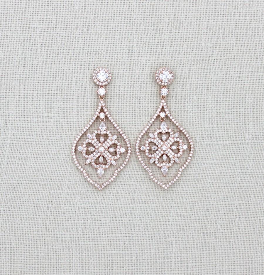 Wedding - Rose Gold earrings, Wedding earrings, Chandelier earrings, Bridal jewelry, Swarovski Crystal earrings, CZ earrings, Rose Gold jewelry