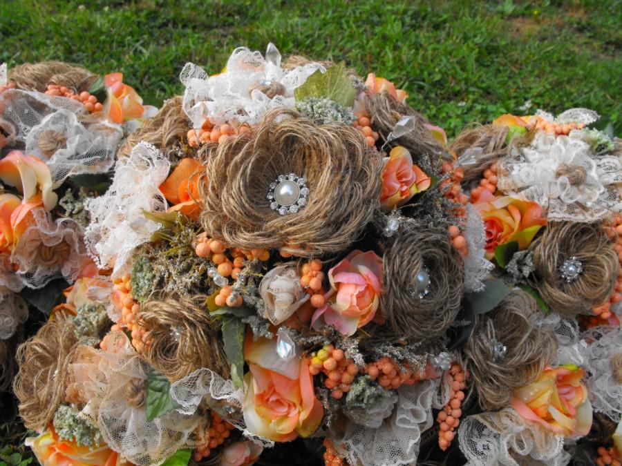 Wedding - Burlap Lace and Bling Wedding flowers with accent colors of your choice-20 piece set bridalbridesmaid bouquets-corsages- boutonnieres