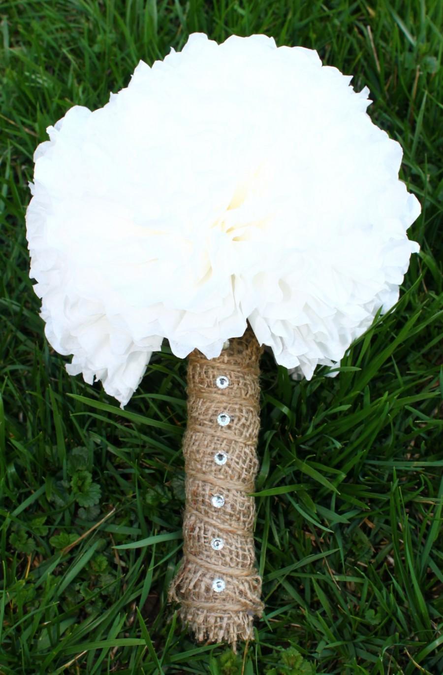 Hochzeit - White Paper Flower Bouquet - Burlap Wedding Bouquet - Country Wedding Bridal Bouquet - Peony Floral Bouquet - Brides Bouquet - Bridesmaid 