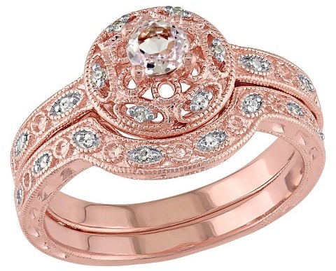 Hochzeit - Allura 1/10 CT. T.W. Diamond and Morganite Vintage Bridal Set in Rose Plated Sterling Silver