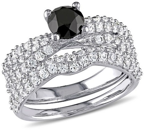 زفاف - Allura 1 CT. T.W. Black Diamond and Created White Sapphire Crossover Bridal Set in Sterling Silver