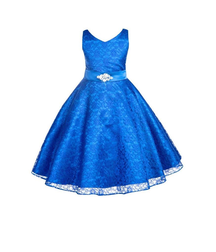 زفاف - Wedding floral Lace overlay V-Neck royal blue Flower girl dress Rhinestone Brooch bridesmaid toddler communion sizes 4 6 8 10 12 14 16 #166
