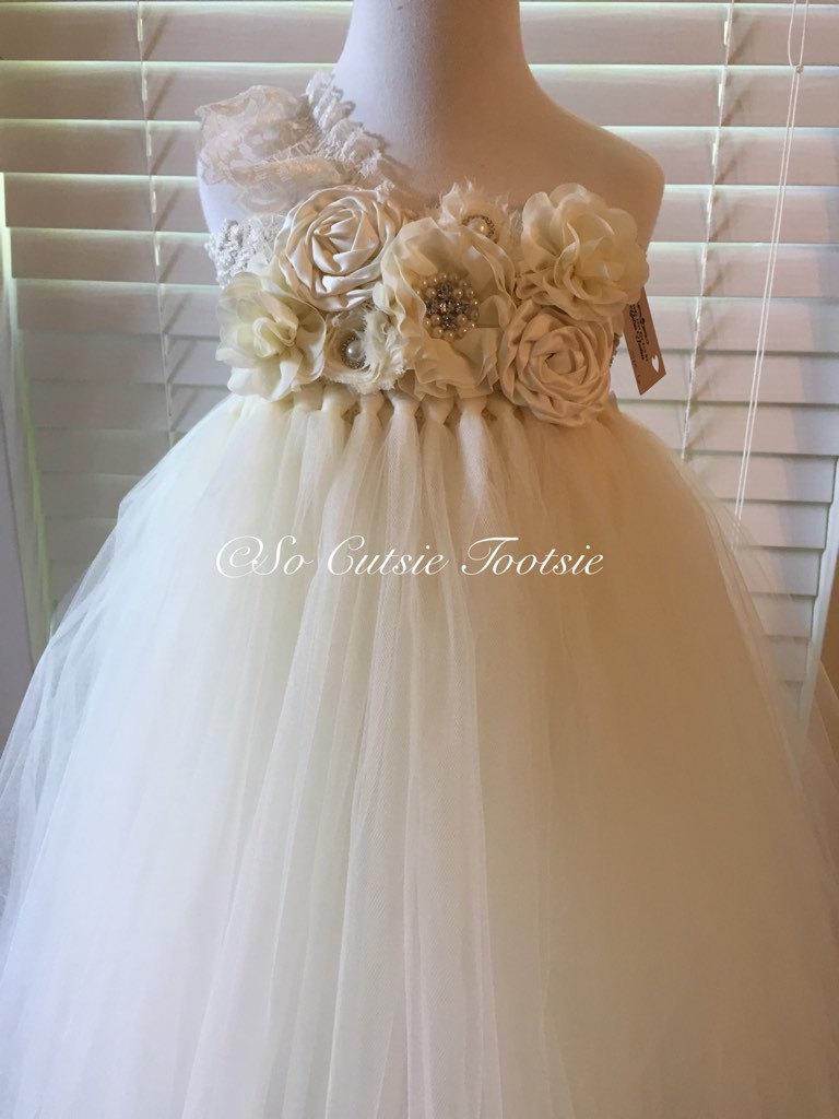 Wedding - Ivory Flower Girl Tutu Dress - ivory tutu dress - vintage flower girl dress - rustic flower girl dress - flower girl dress