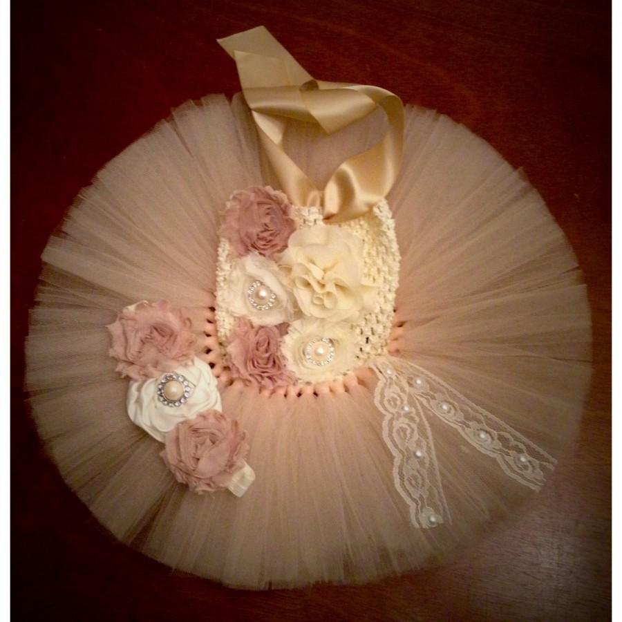 Hochzeit - Ivory & Champagne/Beige Flower Girl Dress - newborn girl dress - infant photo prop - baby girl headband set