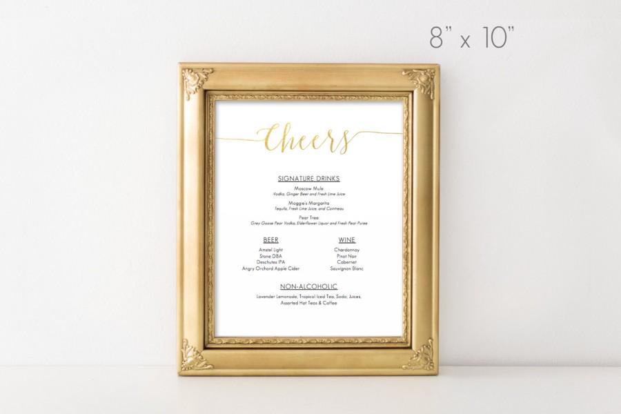 Mariage - Gold Slant Cheers Bar Menu - Printable Sign - DIY Editable Template - Microsoft Word - 8x10 inches - Gold Faux foil calligraphy styling
