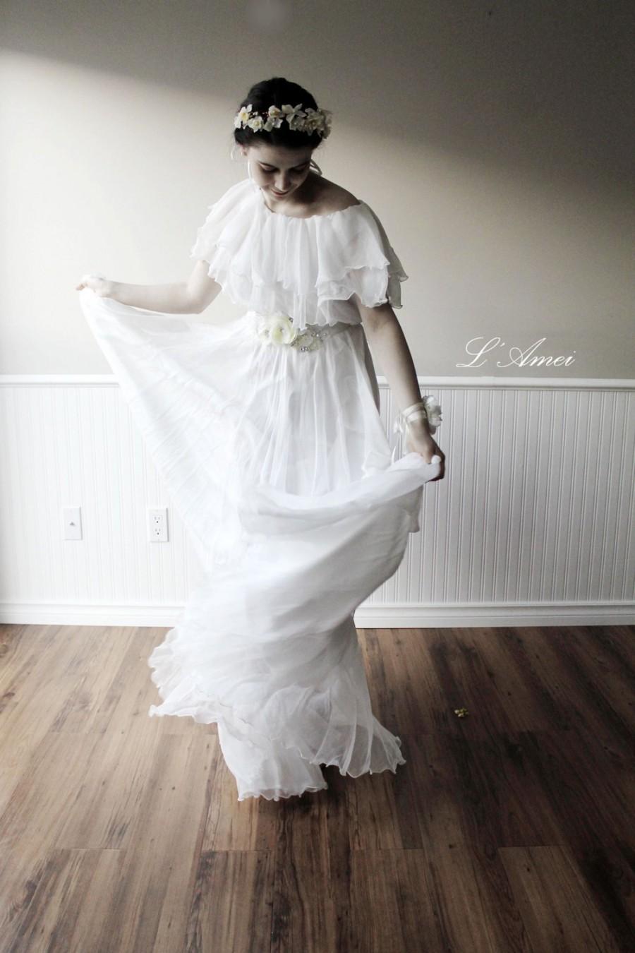 Mariage - White Silk Chiffon Long Beach Wedding Bridal Dress. Great for Hipster Boho Wedding.