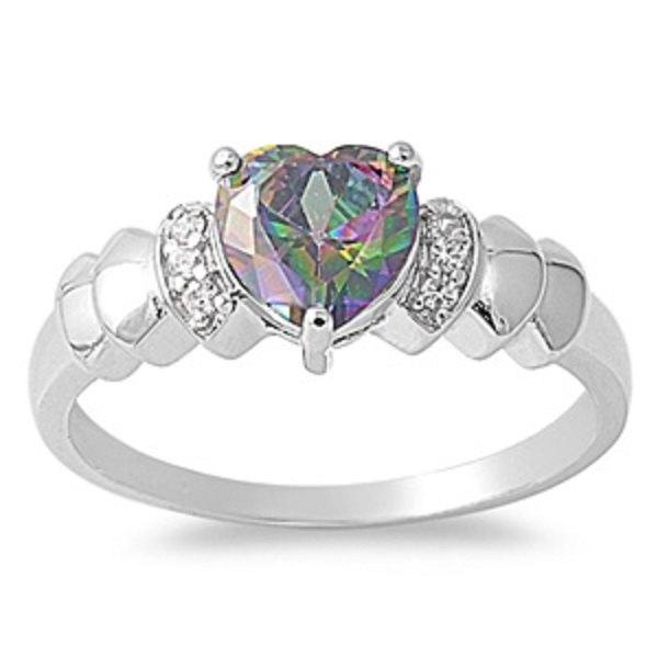 Wedding - 925 Sterling Silver Halo Heart Promise Ring 1.20 Carat Mystic Rainbow Topaz Heart Pave Russian Diamond CZ  Valentines Gift