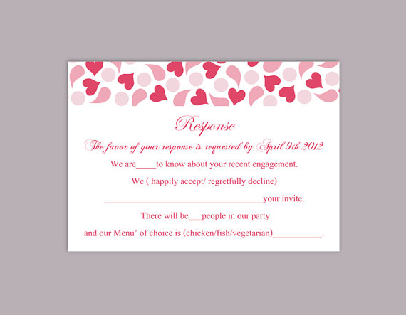 Hochzeit - DIY Wedding RSVP Template Editable Text Word File Download Rsvp Template Printable RSVP Cards Pink Red Rsvp Card Heart Elegant Rsvp Card