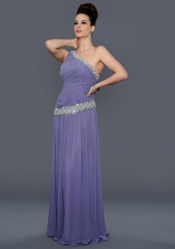 Mariage - 2015 Crystals Sleeveless Ruched Floor Length One Shoulder Purple Chiffon