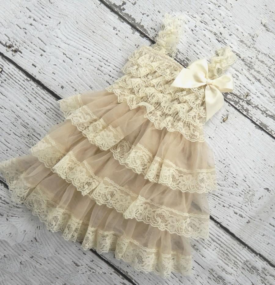 Hochzeit - Rustic Flower Girl Dress / Country Flower Girl Dress / Baby Girl Vintage Dresses /Ivory Flower Girl Dress / Lace Ruffle Dress / Custom Bow