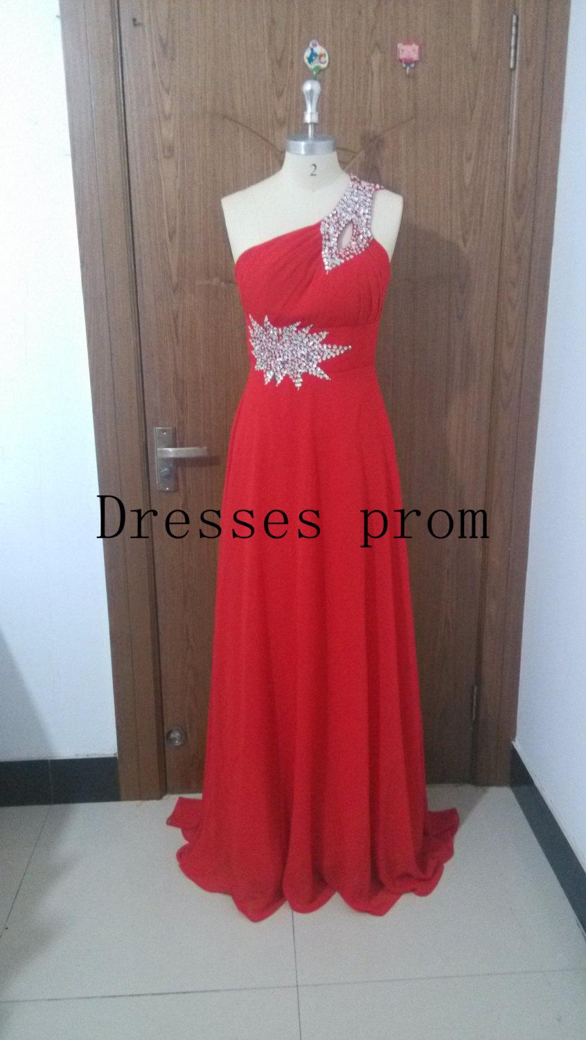 زفاف - 2014 red chiffon prom dresses long,simple one shoulder dress for holiday party,unique sheath long homecoming dress