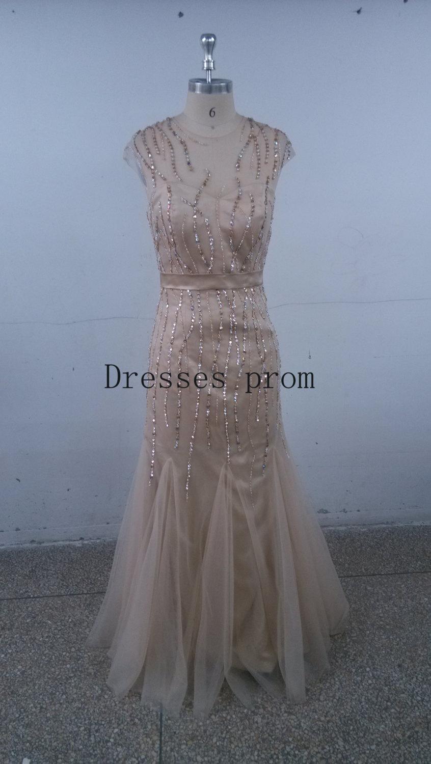 Wedding - Sparkly long Tulle prom dresses with rhinestones,2014 Champagne cheap women gowns for holiday party,chic elegant homecoming gowns on sale.