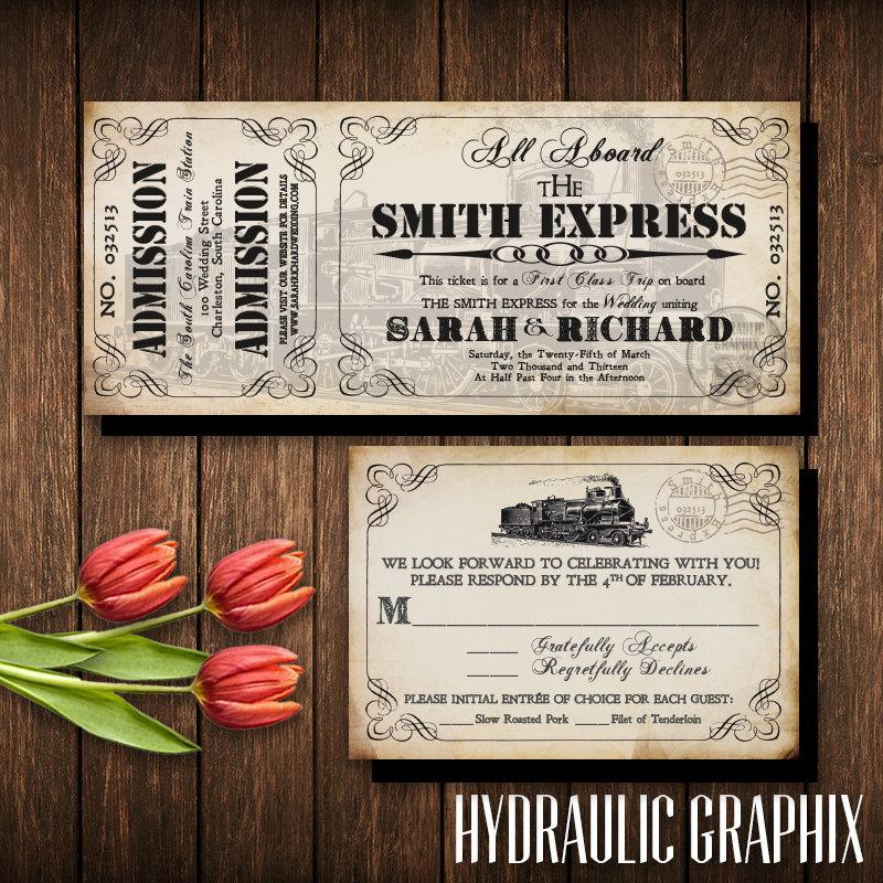 Wedding - Train Ticket Invitation Set, Invitation Printable for Steampunk Wedding at Train Station, Industrial Wedding, Aged Vintage Ticket Invite