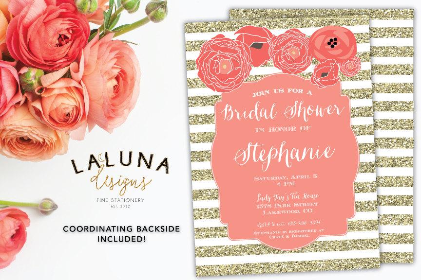 Wedding - Bridal Shower Invitation, Floral Bridal Shower Invite, Glitter Stripes Bridal Shower Invitation, Printable