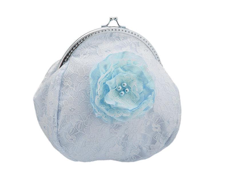 Hochzeit - white and blue bride handbag, bridal lace clutch bag, womens purse bag in wedding, formal, vintage  style, bridesmaid clutch handbag 1495-02
