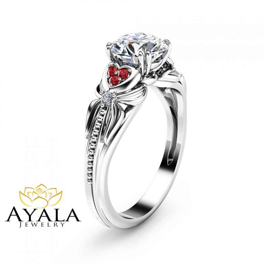 Wedding - 14K White Gold Diamond Engagement Ring Heart Shaped Ring Unique Diamond Engagement Ring with Natural Rubies