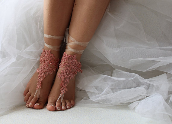 زفاف - Barefoot, coral, lace wedding sandals, free shipping!