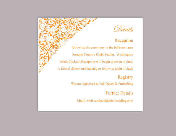 Hochzeit - DIY Wedding Details Card Template Editable Text Word File Download Printable Details Card Orange Details Card Elegant Enclosure Cards