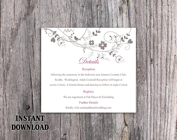 Mariage - DIY Wedding Details Card Template Editable Text Word File Download Printable Details Card Purple Details Card Elegant Enclosure Cards