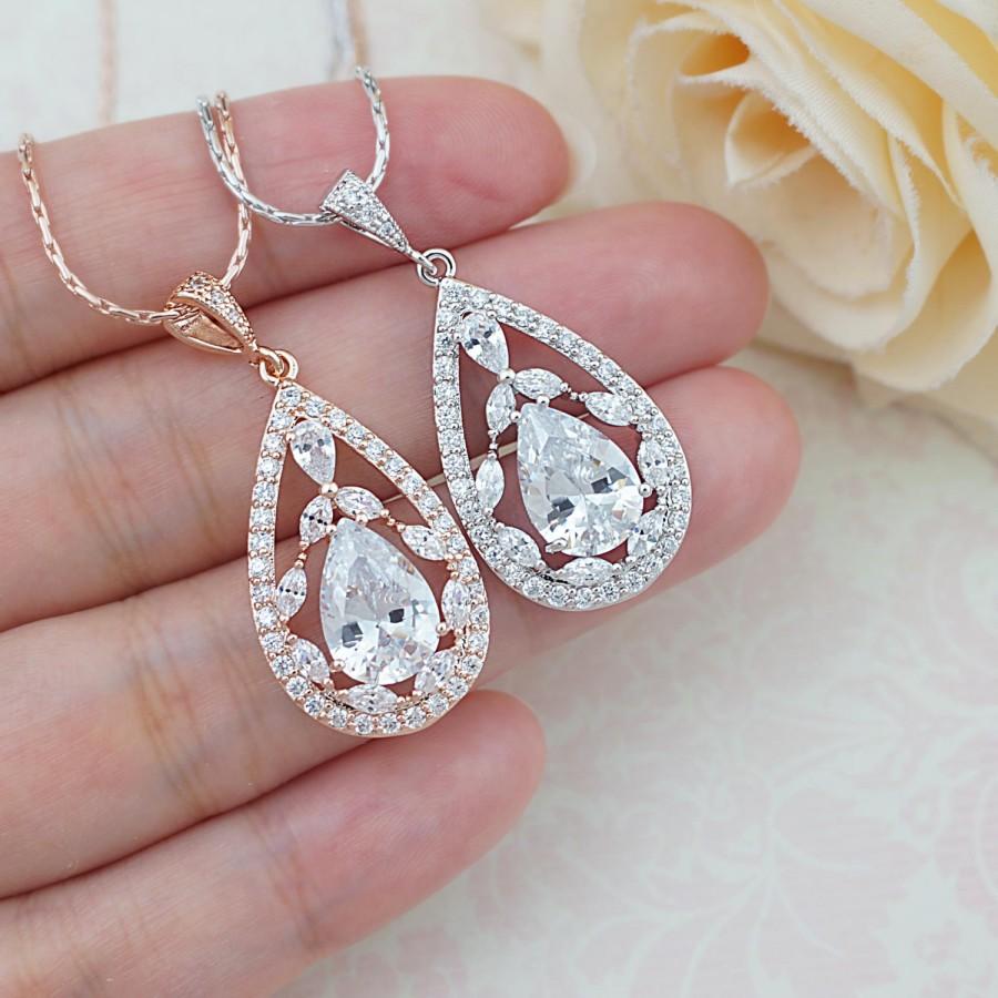 Mariage - Luxury Cubic Zirconia Floral Drop Earrings and Necklace Jewelry Set Wedding Bridal Jewelry Dangle Earrings Bridesmaid Gifts