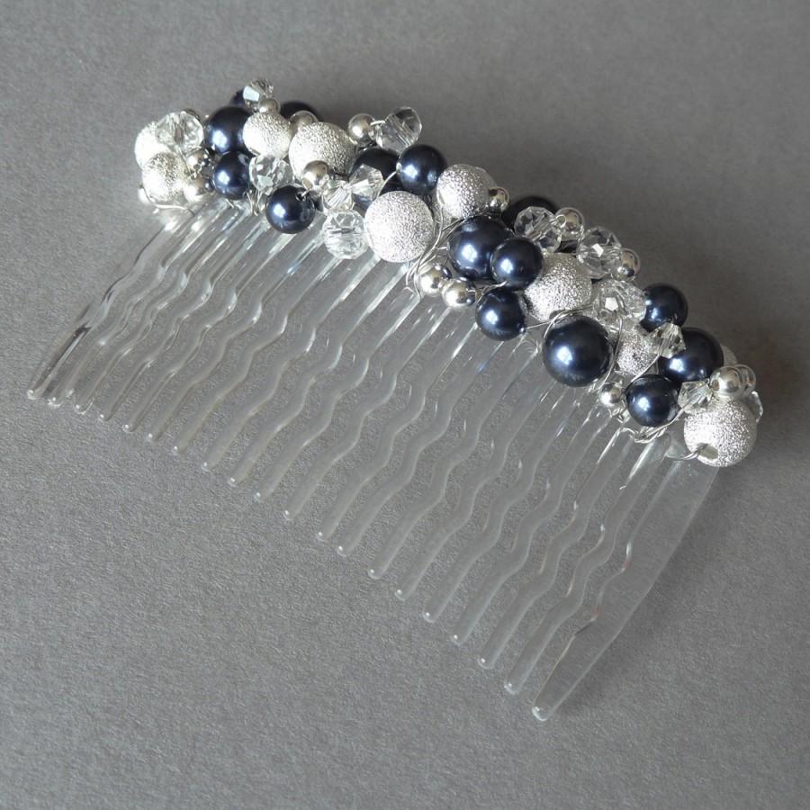 Свадьба - Navy Hair Comb - Dark Blue Bridesmaid Accessories - Pearl and Crystal Bridal Party Head Piece - Midnight Blue Wedding Fascinator