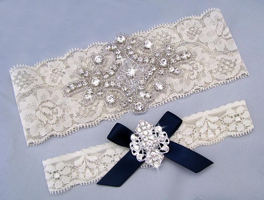 زفاف - Navy Blue Wedding Garter, Ivory / White Bridal Garter Set, Something Blue Garter, Lace Garter, Crystal Rhinestone Keepsake / Toss Garters