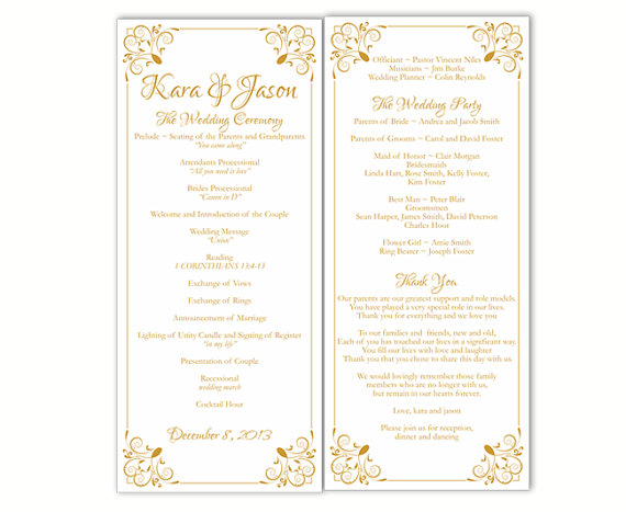 Hochzeit - Wedding Program Template DIY Editable Text Word File Download Program Gold Program Floral Program Printable Wedding Program 4x9.25inch