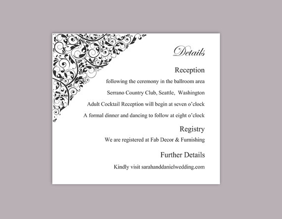 Hochzeit - DIY Wedding Details Card Template Editable Text Word File Download Printable Details Card Black Details Card Elegant Information Cards