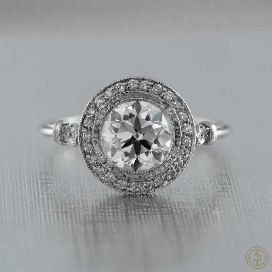 زفاف - 1.52ct Vintage Old European Cut Diamond Engagement Ring - GIA - Row of Pave and fine millegrain - Art Deco Engagement Ring Style