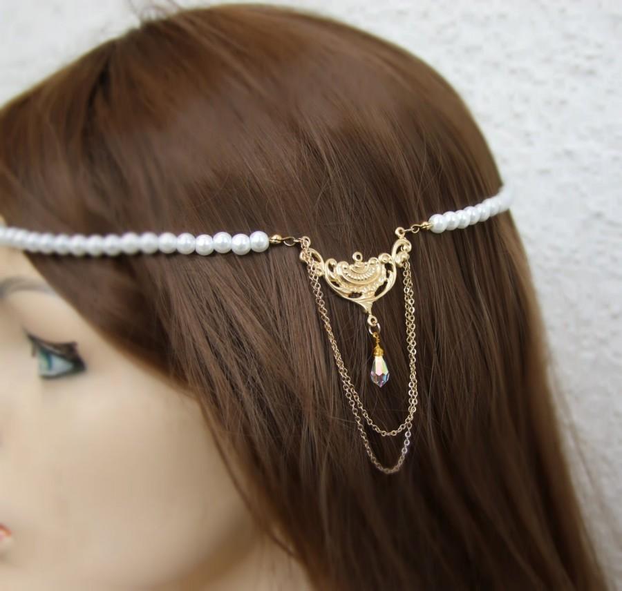 Hochzeit - Bridal Pearl Hair Piece, Pearl Hair Crown, Vintage Style Bridal Headpiece, Gold Bridal Halo,  Pearl headband, Greece Goddess