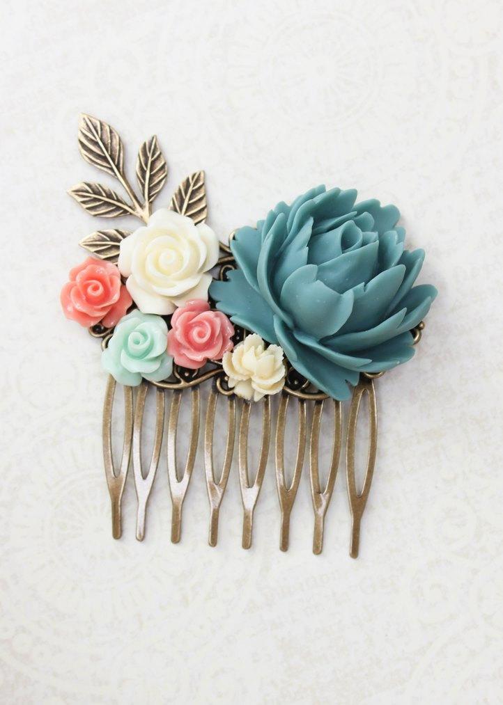 Wedding - Blue Rose Comb Coral Rose Floral Comb Country Wedding Hair Comb Flower Adornment Bridesmaids Hair Accessories Hair Piece Bridal Hair Comb