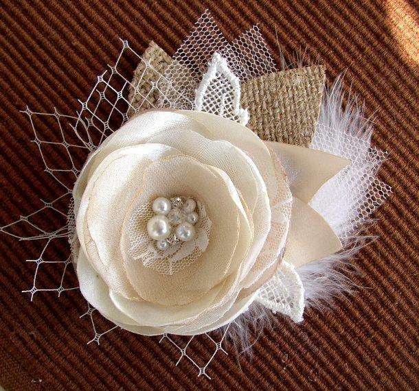 Wedding - Rustic Hair Flower Clip - Ivory Champagne Burlap Hairpiece  - Bridal Fascinator - Burlap Lace Wedding - Feather Hair Clip - Rustic Hair Clip
